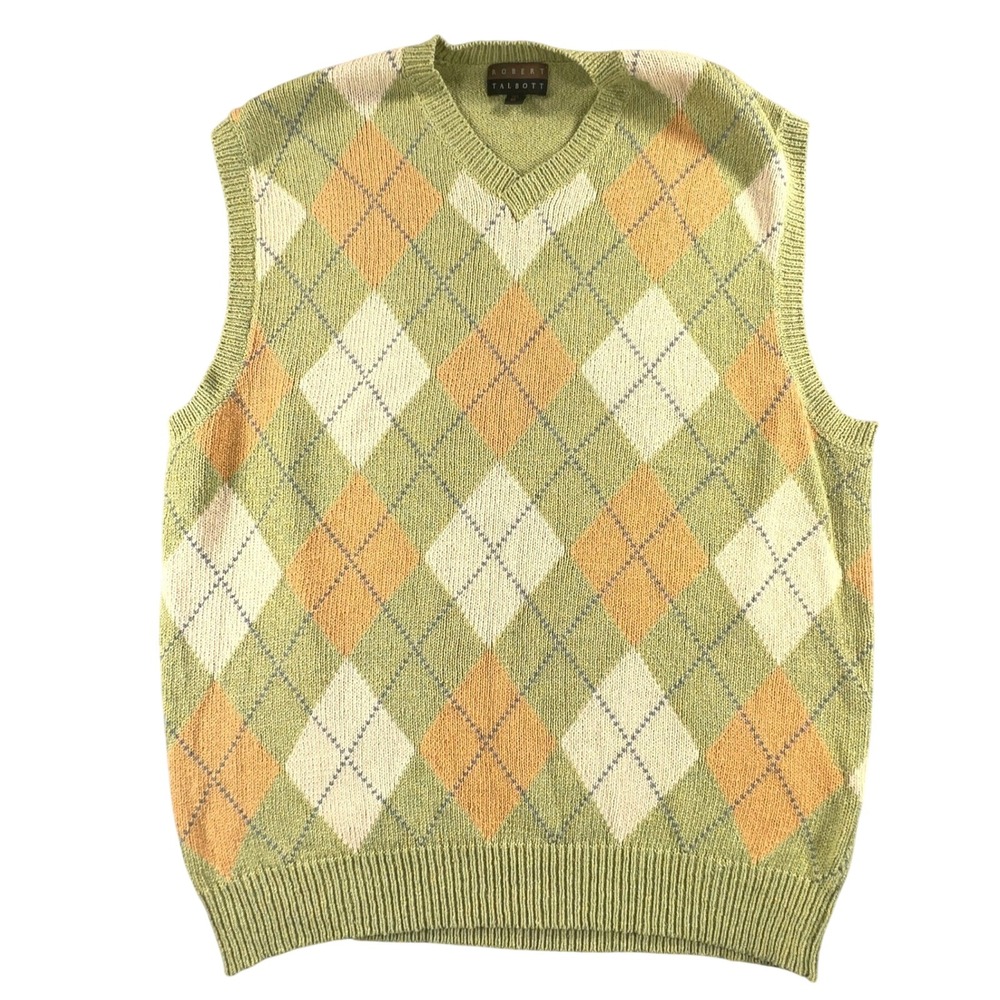 Robert Talbott Mens XL Argyle Sweater Vest Green Orange Silk Cotton V-Neck Knit